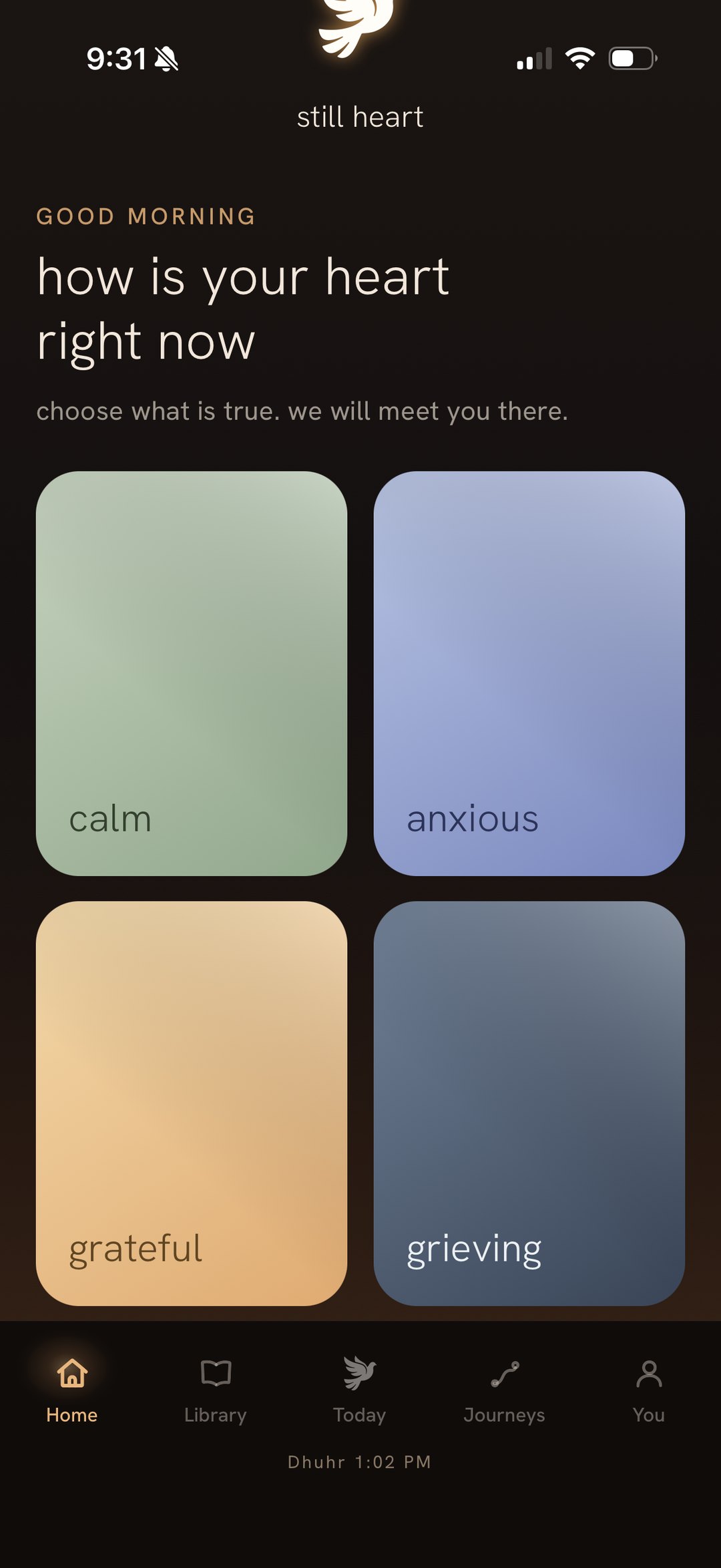 The Still Heart home screen asking how is your heart right now, with calm, anxious, grateful and grieving to choose from.