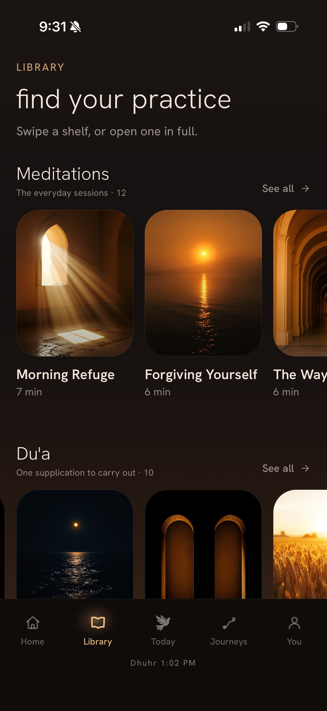 The Library screen, find your stillness, with shelves of meditations and du'a.