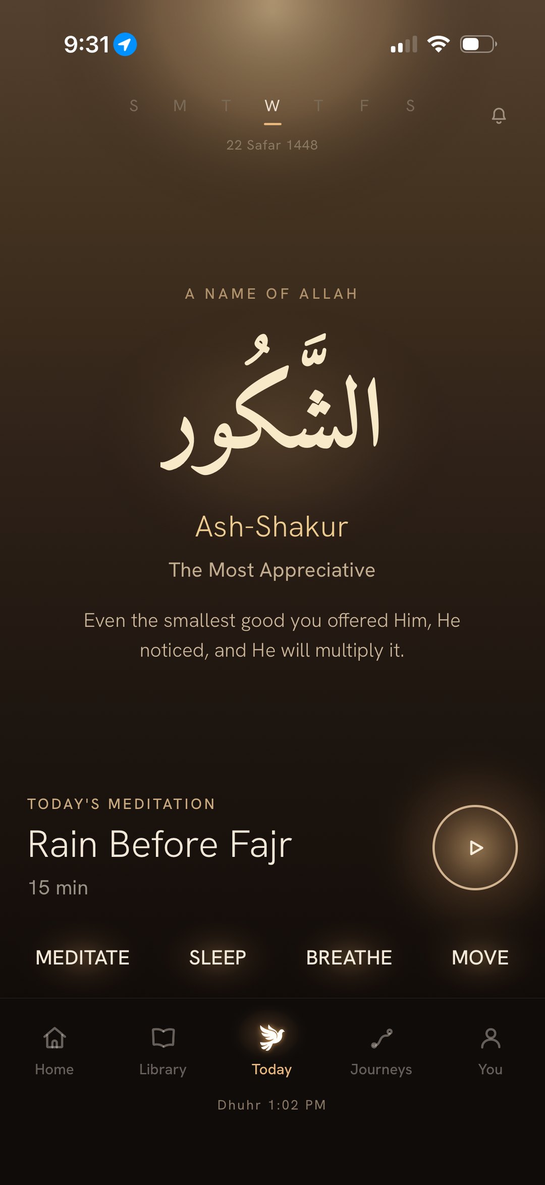 The Today screen with a name of Allah and today's meditation, Rain Before Fajr.
